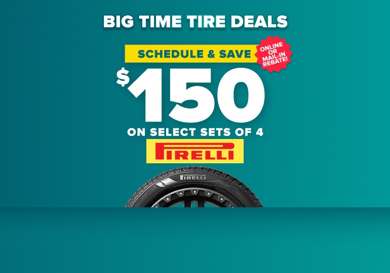 Promotional banner for Pirelli tire sale offering $150 savings on select sets of 4 tires with online mail-in rebate option.