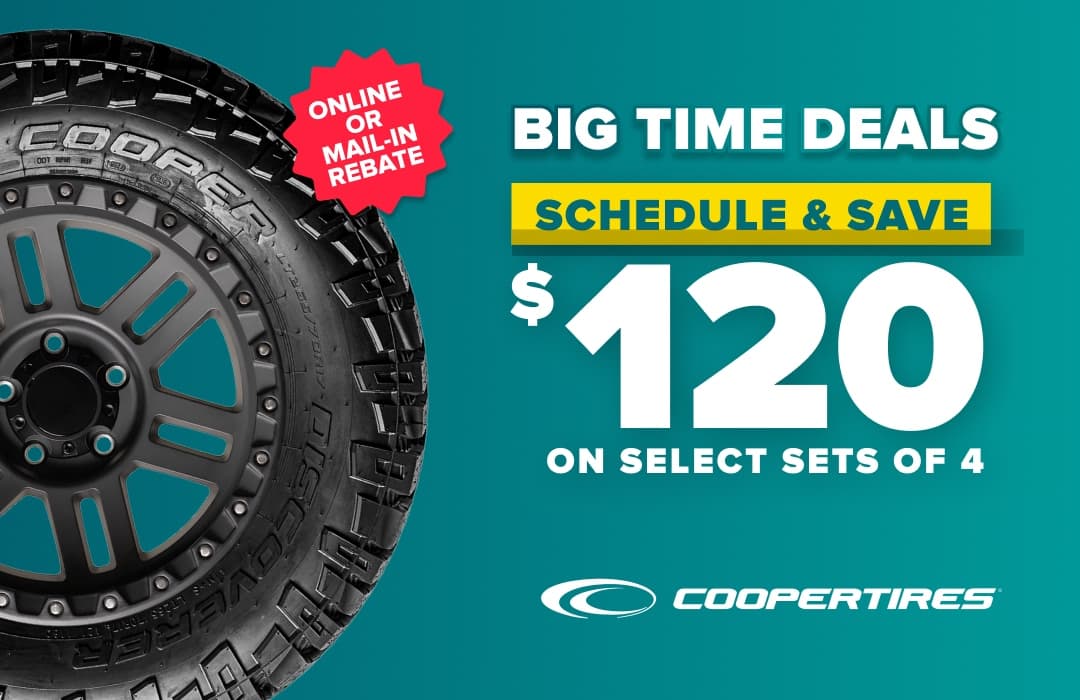 Cooper Tires promotional banner showing black tire and wheel with $120 savings offer on select sets of 4 tires.