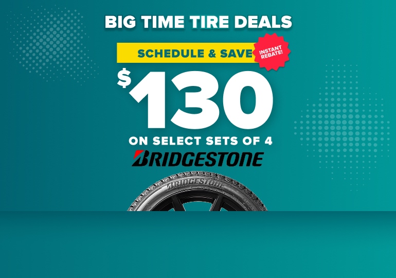 Bridgestone tire promotion on teal background advertising $130 savings on select sets of 4 tires with instant rebate offer.