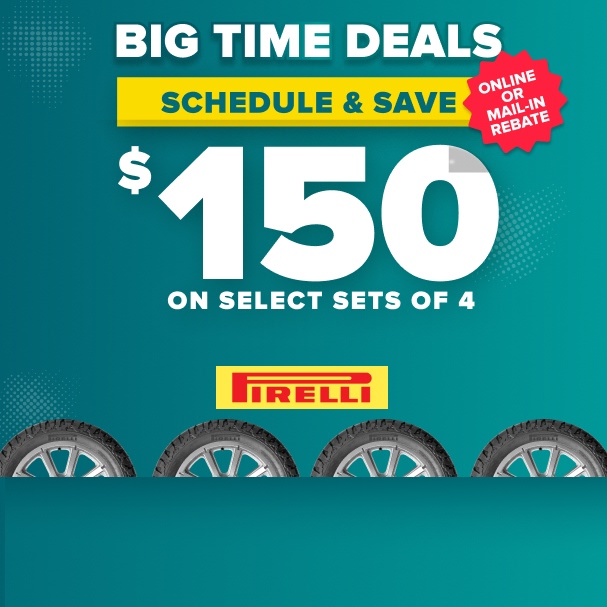 Pirelli tire promotion offering $150 savings on select sets of 4 tires with online or mail-in rebate on teal background