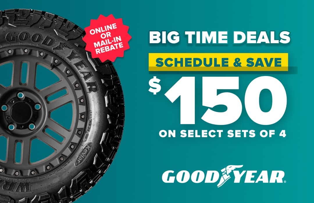 Goodyear tire promotion offering $150 savings on select sets of 4 tires with online or mail-in rebate on teal background.