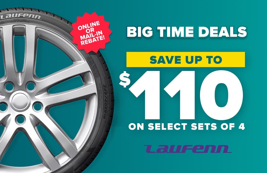 Laufenn tire promotion on teal background advertising save up to $110 on select sets of 4 with online or mail-in rebate