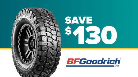 BFGoodrich tire promotion showing rugged off-road tire with text Save $130 on teal and white background