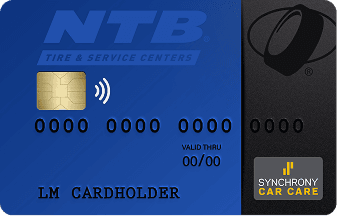 Blue NTB credit card with chip and contactless symbol next to black Synchrony Car Care card on dark background