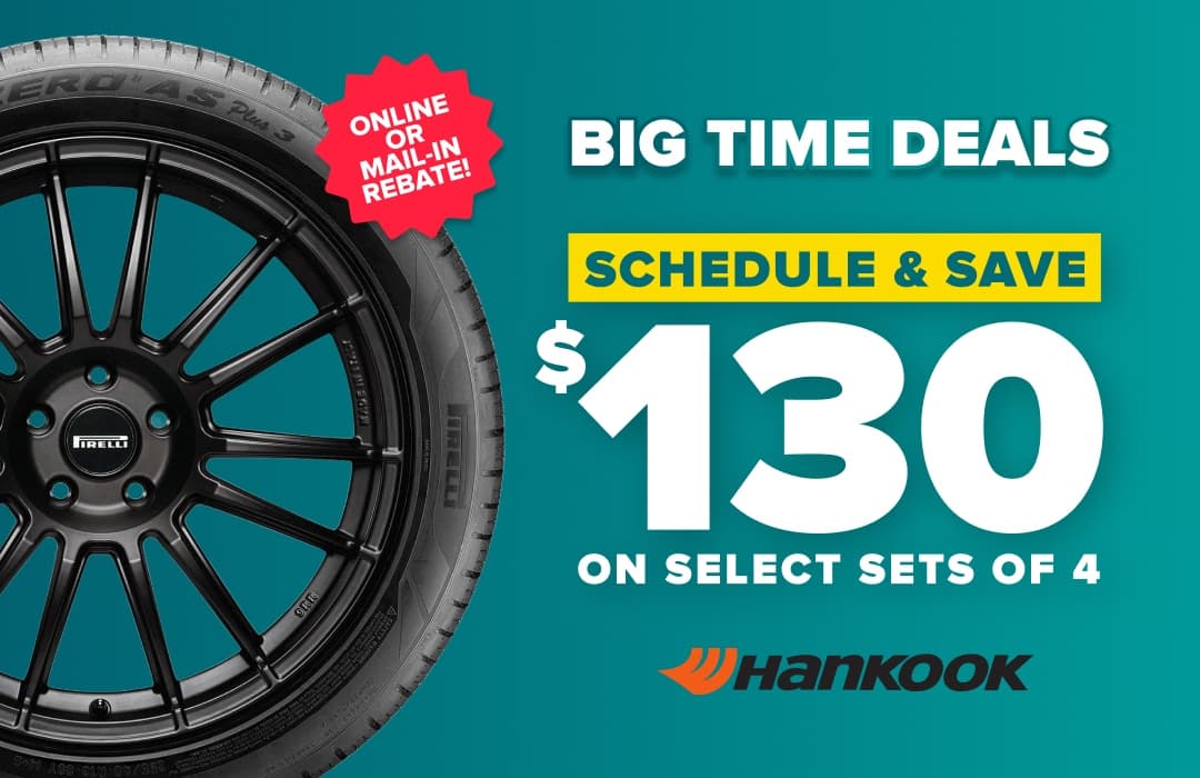 Hankook tire promotion showing black wheel with tire on teal background advertising $130 savings on select sets of 4 tires.