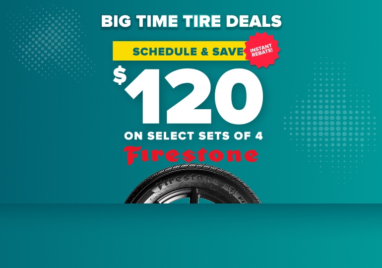 Promotional banner advertising save $120 on select sets of 4 Firestone tires with instant rebate on teal background.