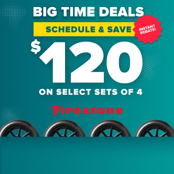 Firestone tire sale promotion offering $120 off select sets of 4 tires with instant rebate on teal background